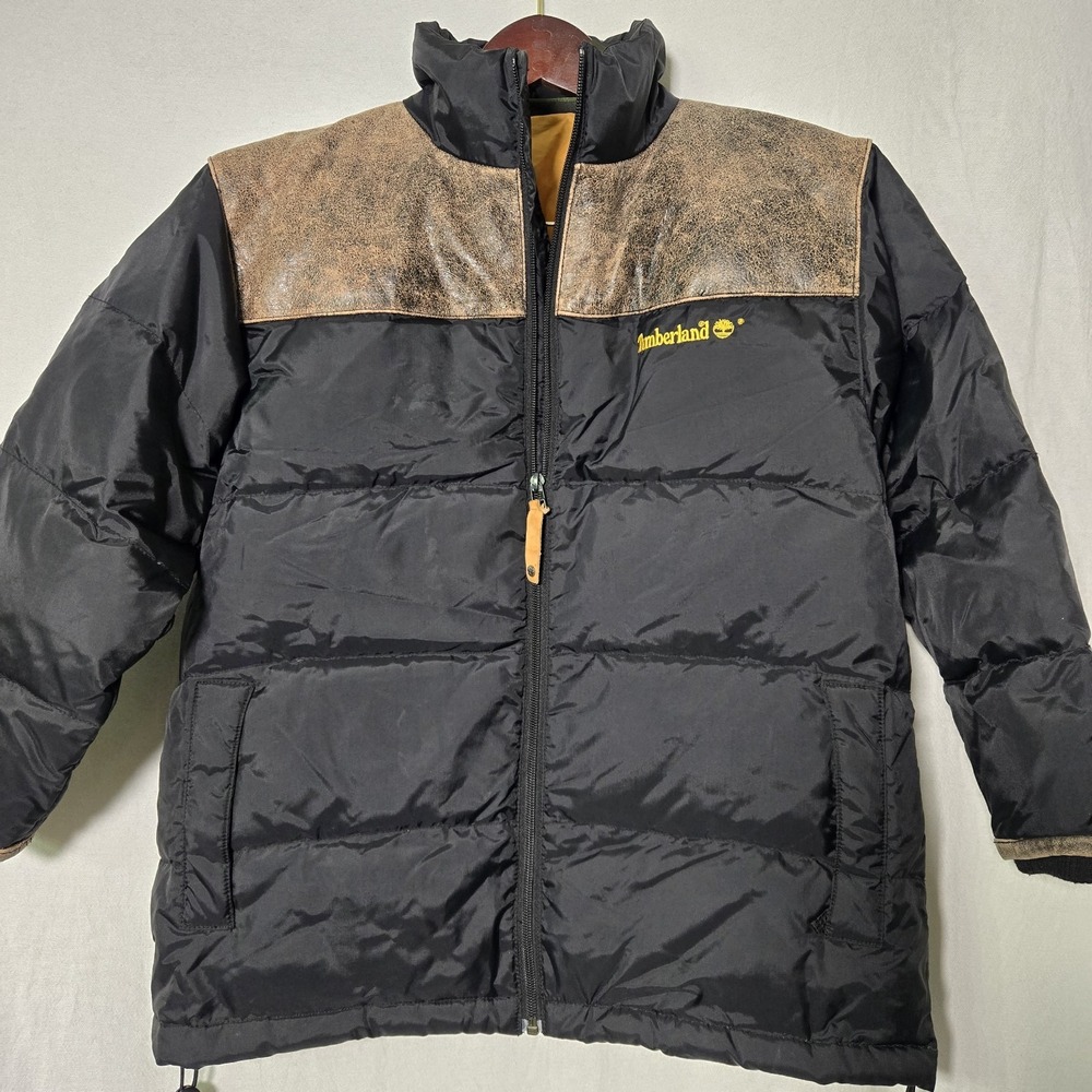 Vintage Timberland Mens Small Down Puffer Jacket Leather Trim Black Wheat Gold